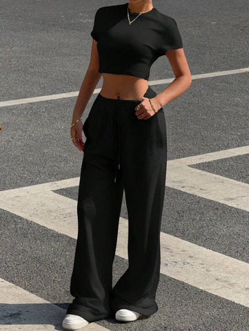 2pcs Women Solid Color Round Neck Short Sleeve Top And Pants Set, Minimalist