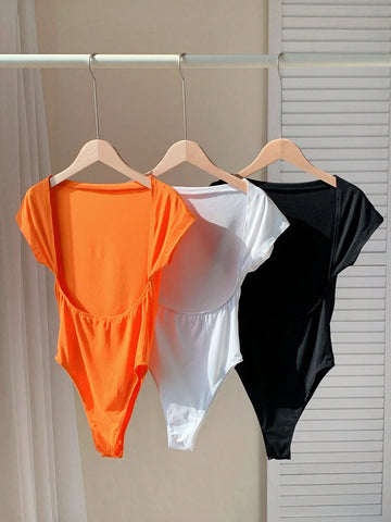 Women 3pcs Set Letter Print Tight Casual Rompers, Short-Sleeved, Round-Necked, Backless, Suitable For Summer