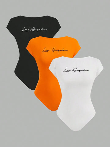 Women 3pcs Set Letter Print Tight Casual Rompers, Short-Sleeved, Round-Necked, Backless, Suitable For Summer