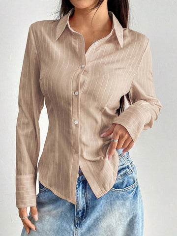EZwear Women Autumn Long Sleeve Cinched Waist Casual Striped Shirt For Commute