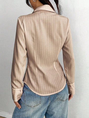 EZwear Women Autumn Long Sleeve Cinched Waist Casual Striped Shirt For Commute