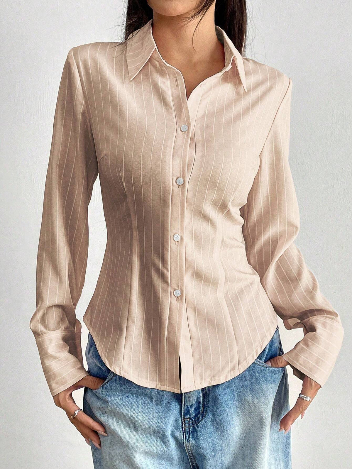 EZwear Women Autumn Long Sleeve Cinched Waist Casual Striped Shirt For Commute