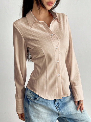 EZwear Women Autumn Long Sleeve Cinched Waist Casual Striped Shirt For Commute