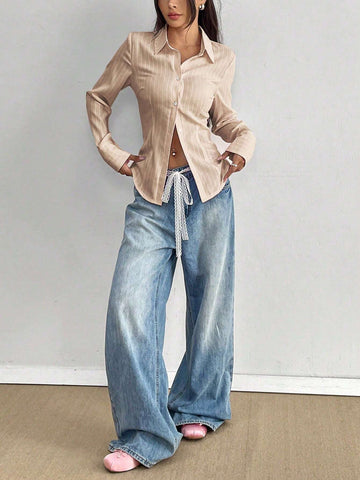 EZwear Women Autumn Long Sleeve Cinched Waist Casual Striped Shirt For Commute