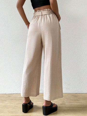 EZwear Women Belted Paper Bag Waist Pants With Pockets, Tapered Trousers