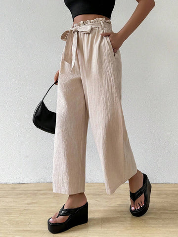 EZwear Women Belted Paper Bag Waist Pants With Pockets, Tapered Trousers