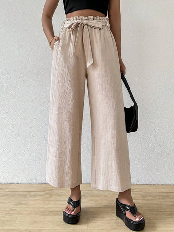 EZwear Women Belted Paper Bag Waist Pants With Pockets, Tapered Trousers
