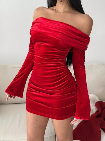 Women Burgundy Velvet Christmas One-Shoulder Flare Sleeve Short Dress