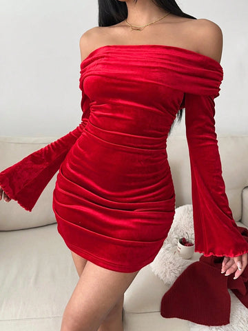 Women Burgundy Velvet Christmas One-Shoulder Flare Sleeve Short Dress
