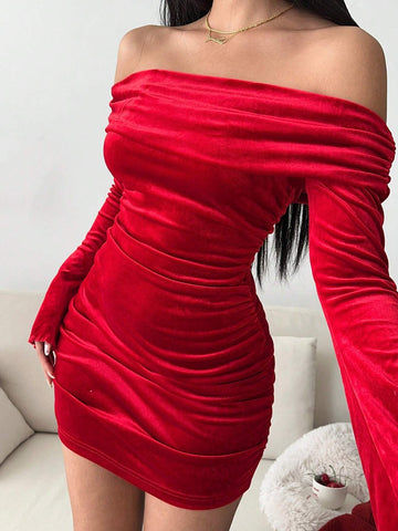 Women Burgundy Velvet Christmas One-Shoulder Flare Sleeve Short Dress