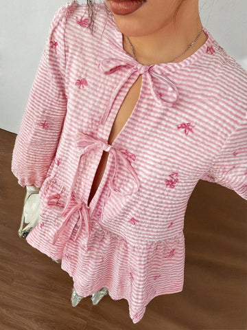 EZwear Women Casual Cute Tie Front Long Sleeve Blouse, Suitable For Summer, Butterfly & Striped Print