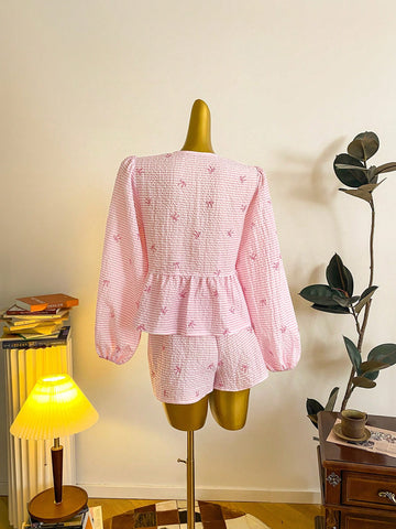 EZwear Women Casual Cute Tie Front Long Sleeve Blouse, Suitable For Summer, Butterfly & Striped Print