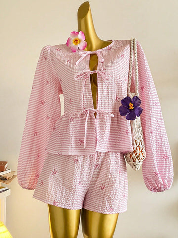 EZwear Women Casual Cute Tie Front Long Sleeve Blouse, Suitable For Summer, Butterfly & Striped Print