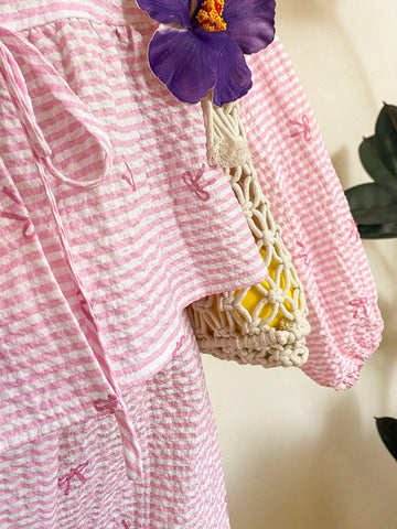 EZwear Women Casual Cute Tie Front Long Sleeve Blouse, Suitable For Summer, Butterfly & Striped Print