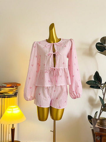 EZwear Women Casual Cute Tie Front Long Sleeve Blouse, Suitable For Summer, Butterfly & Striped Print