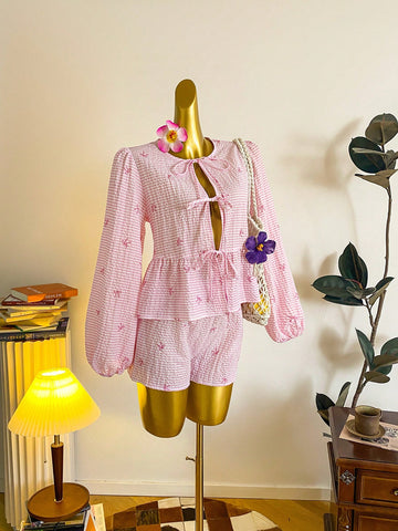 EZwear Women Casual Cute Tie Front Long Sleeve Blouse, Suitable For Summer, Butterfly & Striped Print