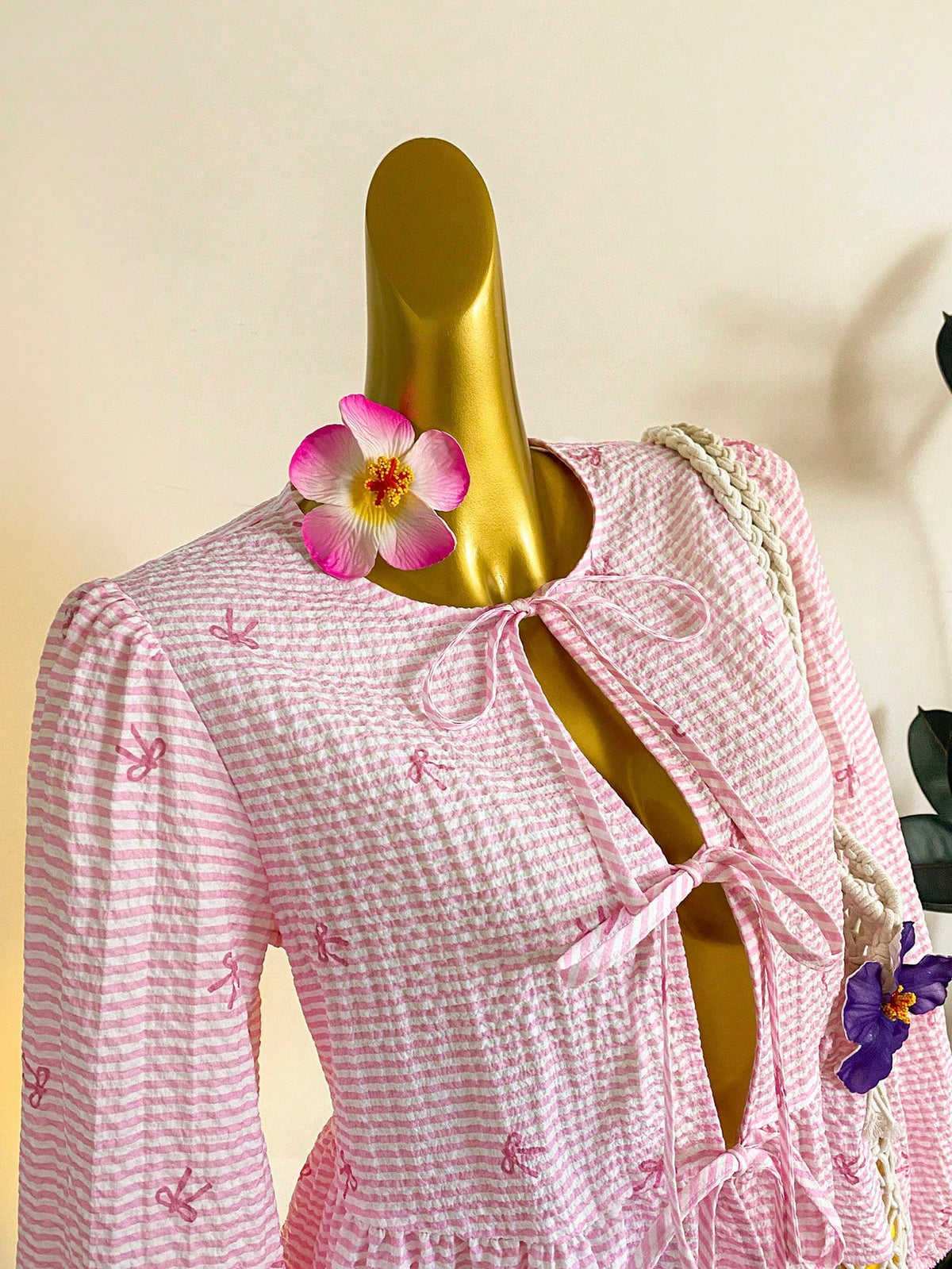 EZwear Women Casual Cute Tie Front Long Sleeve Blouse, Suitable For Summer, Butterfly & Striped Print