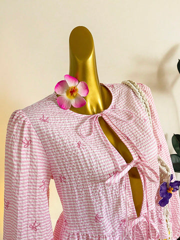 EZwear Women Casual Cute Tie Front Long Sleeve Blouse, Suitable For Summer, Butterfly & Striped Print