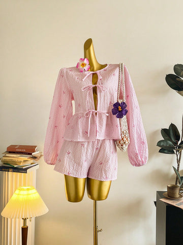 EZwear Women Casual Cute Tie Front Long Sleeve Blouse, Suitable For Summer, Butterfly & Striped Print