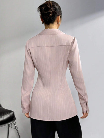 EZwear Women Casual Minimalist Turn-Down Collar Striped Front Button Waist Shirt, Autumn