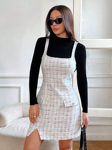 Women Casual Plaid Faux Pocket Design Suspender Short Dress
