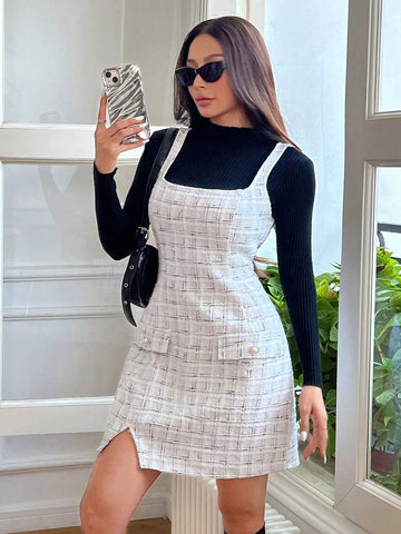 Women Casual Plaid Faux Pocket Design Suspender Short Dress