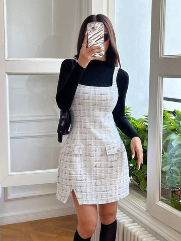 Women Casual Plaid Faux Pocket Design Suspender Short Dress