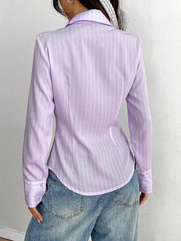 EZwear Women Casual Striped Print Fitted Curved Hem Blouse