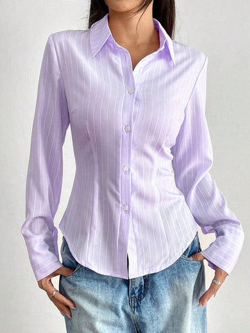 EZwear Women Casual Striped Print Fitted Curved Hem Blouse