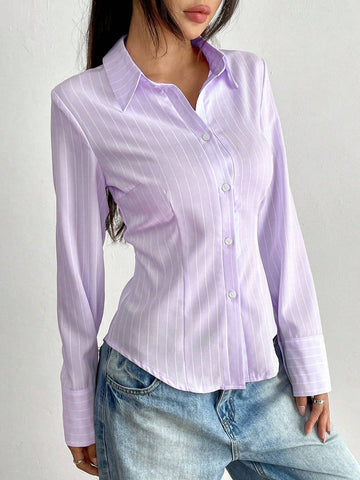 EZwear Women Casual Striped Print Fitted Curved Hem Blouse
