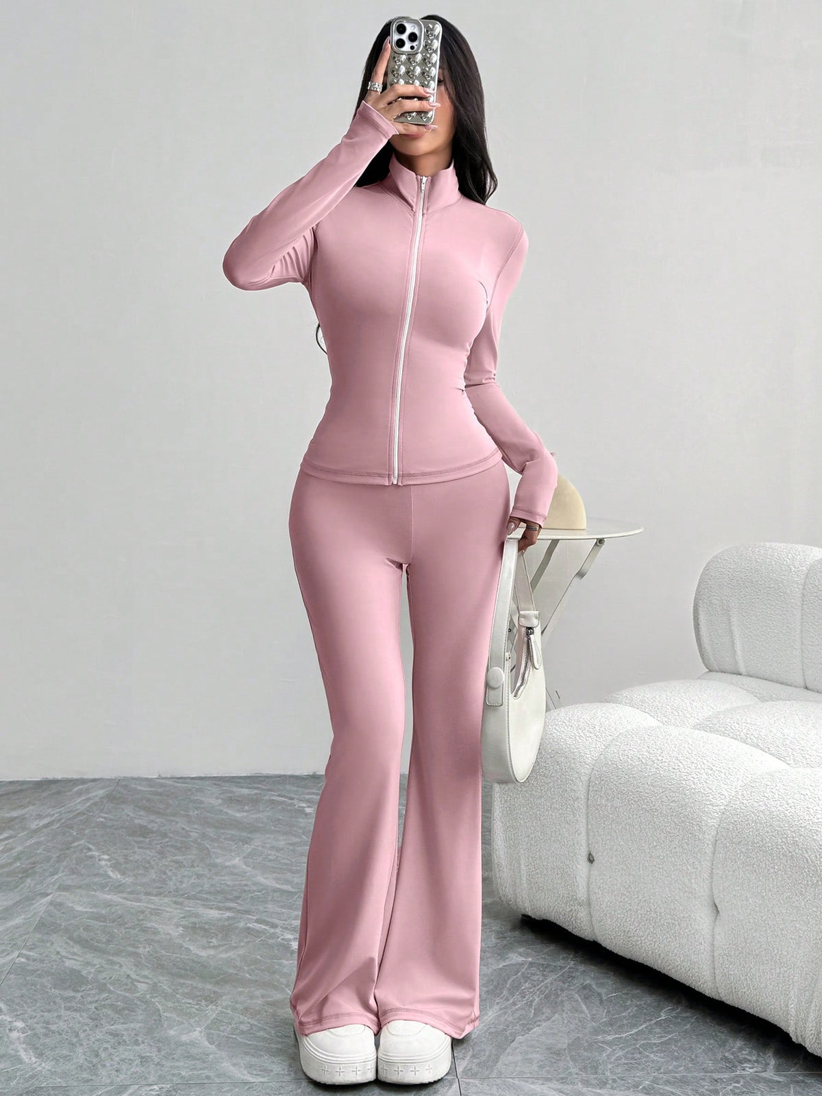 Women Contrast Color Knit Mock Neck Fitted Jacket And Bell-Bottom Pants Suit Set, Pink,Suitable For Yoga Sports Wear
