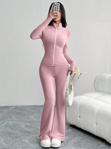 Women Contrast Color Knit Mock Neck Fitted Jacket And Bell-Bottom Pants Suit Set, Pink,Suitable For Yoga Sports Wear