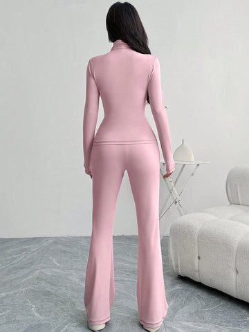 Women Contrast Color Knit Mock Neck Fitted Jacket And Bell-Bottom Pants Suit Set, Pink,Suitable For Yoga Sports Wear