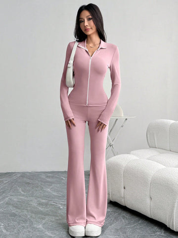 Women Contrast Color Knit Mock Neck Fitted Jacket And Bell-Bottom Pants Suit Set, Pink,Suitable For Yoga Sports Wear