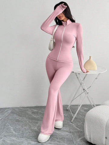 Women Contrast Color Knit Mock Neck Fitted Jacket And Bell-Bottom Pants Suit Set, Pink,Suitable For Yoga Sports Wear
