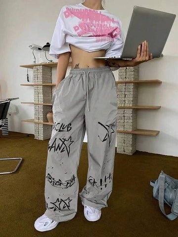 EZwear Women Drawstring Waist Letter Five-Pointed Star Print Wide-Leg Loose Casual Baggy Trousers