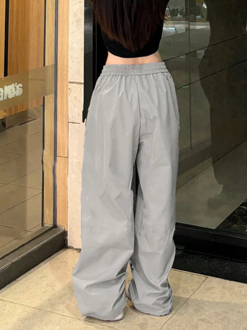 EZwear Women Drawstring Waist Letter Five-Pointed Star Print Wide-Leg Loose Casual Baggy Trousers