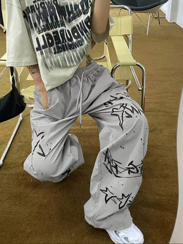 EZwear Women Drawstring Waist Letter Five-Pointed Star Print Wide-Leg Loose Casual Baggy Trousers