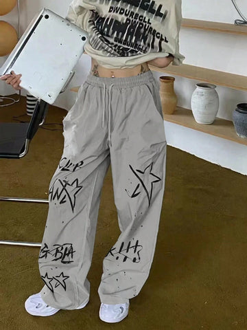 EZwear Women Drawstring Waist Letter Five-Pointed Star Print Wide-Leg Loose Casual Baggy Trousers