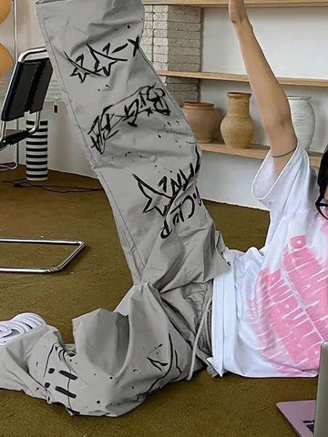 EZwear Women Drawstring Waist Letter Five-Pointed Star Print Wide-Leg Loose Casual Baggy Trousers