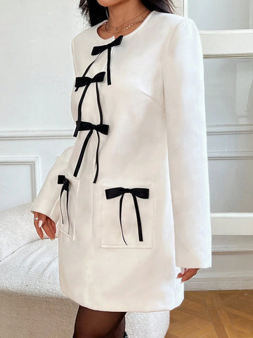 Women Elegant Bowknot Accent Colorblock Patchwork Pocket Casual Mini Dress, Spring/Autumn