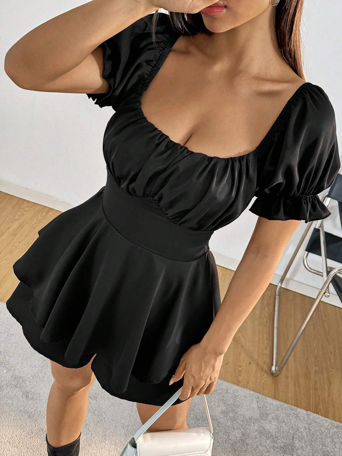 Women Fashion Solid Color Square Neckline Belted Jumpsuit