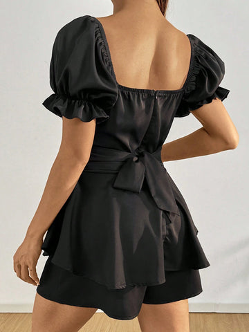 Women Fashion Solid Color Square Neckline Belted Jumpsuit