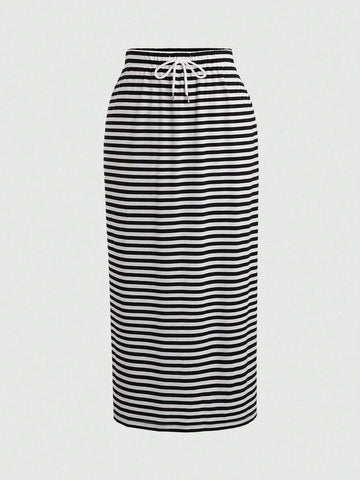 EZwear Women Fashion Striped Printed Slit Drawstring Lace Up Skirt
