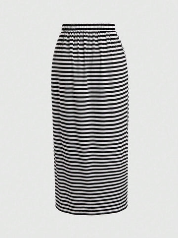 EZwear Women Fashion Striped Printed Slit Drawstring Lace Up Skirt