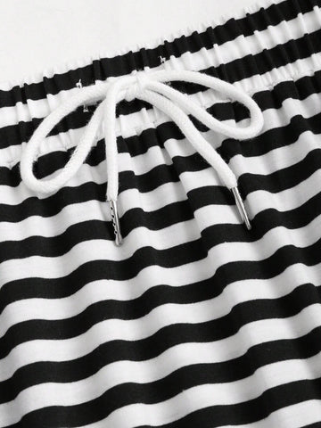EZwear Women Fashion Striped Printed Slit Drawstring Lace Up Skirt