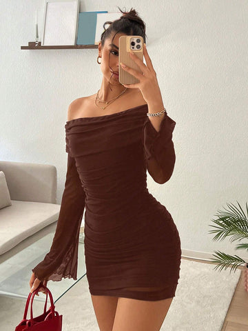 Women Flare Sleeve Off The Shoulder Short Dress
