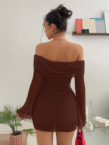 Women Flare Sleeve Off The Shoulder Short Dress