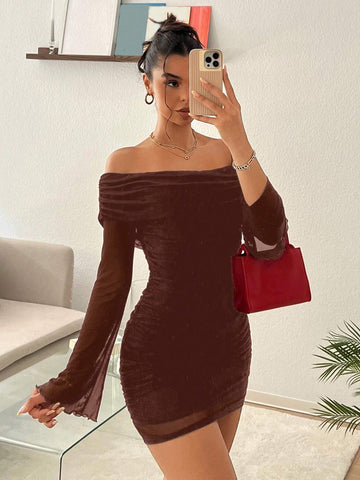 Women Flare Sleeve Off The Shoulder Short Dress