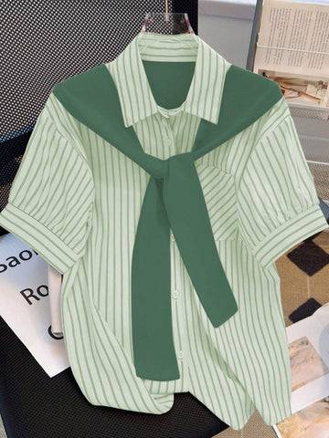 EZwear Women Front-Button Short Sleeve Casual Blouse,